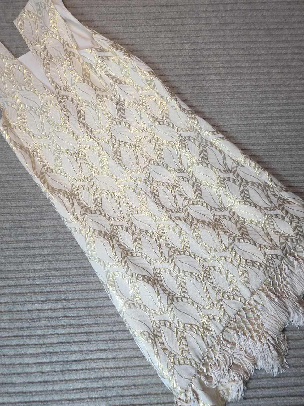 Lilly Pulitzer Marquette Shift Dress Gold Metallic Silk Leaf Jacquard Fringe XS